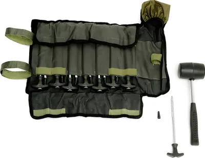 Produktbild von Lucx Heringe-Set 14-teilig inkl. Gummihammer & Tragetasche – Zeltheringe mit Gewinde für Angelzelte, Bivvy, Überwurf, Brolly & Camping – verzinkter Stahl, rostfrei