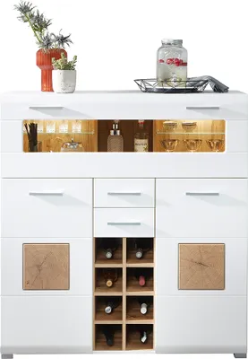 Produktbild von Barschrank Hausbar Weinschrank Minibar FARO-36 matt weiß mit Eiche Nb. und LED Beleuchtung, B/H/T: ca. 120/129/37 cm