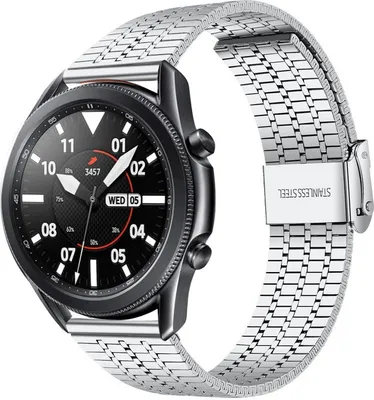 Produktbild von Strap-it Edelstahlarmband - Kompatibel mit Samsung Galaxy Watch 3 Armband 45mm Ersatzarmband Edelstahl - Verstellbarer Verschluss - Hochwertiges Material - für Smartwatch 22mm Armband Silber