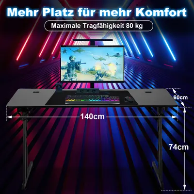 Obrázek produktu pro Jayseuw Počítačový stůl ve tvaru Z 140x60 cm, herní stůl s držákem na nápoje, háček na sluchátka, stůl pro domácnost a kancelář (černý)