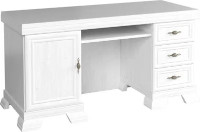 A white wooden desk with a cabinet on the left and drawers on the right, shown from the front.