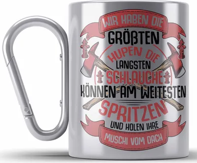 Produktbild von Trendation - Feuerwehr Edelstahl Tasse Karabiner Geschenke Zubehör Lustig Einsatz Geburtstag Spruch Wir haben Die Größten Hupen (Silber)