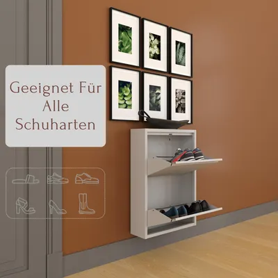 Produktbild von Furni24 Metall Schuhschrank Grau schmal – Schuhkipper mit 2 Klappen (für 4-6 Paar Schuhe), Schuhregal für Flur & Diele, Wandmontage, platzsparend, komplett vormontiert