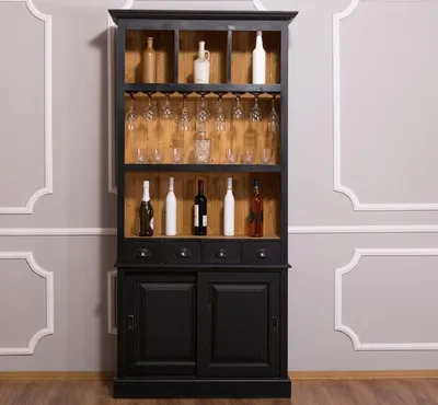 Produktbild von Casa Padrino Landhausstil Weinschrank Schwarz / Naturfarben 103 x 36 x H. 210 cm - Barschrank im Landhausstil