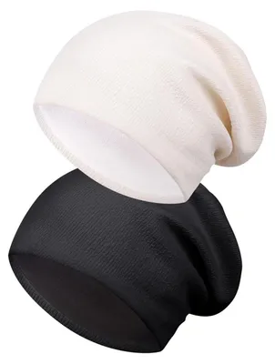 Produktbild von Strickmützen 2er Set für Herren und Damen, Uni Slouch Beanie, Elastisch, Einheitsgröße, Schwarz/Weiß