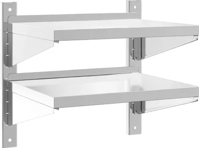 A product shot of a silver stainless steel wall shelf with two tiers against a white background.