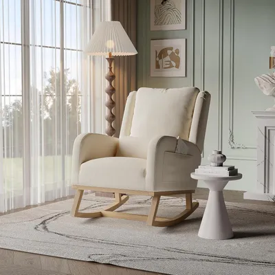 Immagine prodotto di Una moderna poltrona a dondolo in tessuto, con gambe in legno e metallo, ideale per il relax