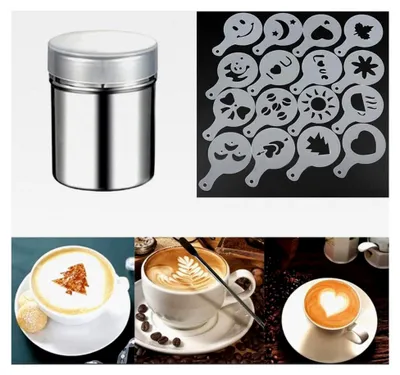 Produktbild von Kakaostreuer für Cappuccino mit Puderzuckerstreuer - 1 Stück Edelstahl-Pulverstreuer und 16 Kaffee-Schablonen