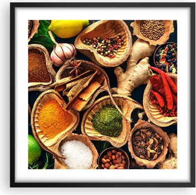 Produktbild von Gerahmtes Poster - Schwarzer Rahmen - Küche Essen Kräuter Gewürze - 50x50 cm - Wand Bild - Wanddeko - Wandbilder - Wandposter - Bilderrahmen - Bilder - Kunstdruck - Wandbild - P2BAC50x50-2844