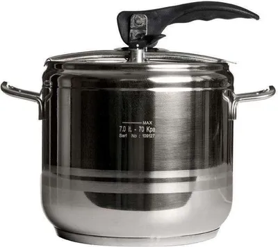 A stainless steel pressure cooker on a white background.
