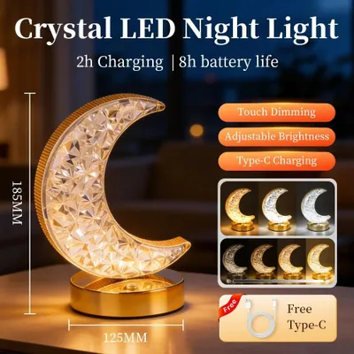 Produktbild von Kristall-LED-Nachttischlampe mit Touch-Steuerung, 3 Farbtemperaturen, stufenlos dimmbar und USB-C aufladbar – Mond
