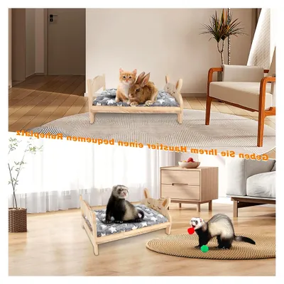 Produktbild von Großes hölzernes Kaninchenbett, 2-in-1 klappbares Haustierbett mit abnehmbarem Kissen für Kaninchen, Meerschweinchen, Kätzchen und Welpen