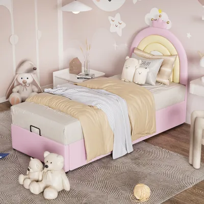 Produktbild von STILVORA Kinderbett 90×200cm Jugendbett mit Lattenrost und Kopfteil,Einzelbett mit Holzlattenunterstützung,in Regenbogenform,Rosa(Ohne Matratze)