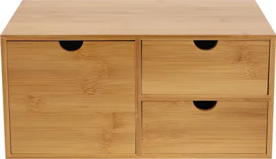 A front view of a bamboo desk organizer with three drawers.
