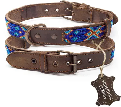 Produktbild von ALTEZAR Blaues Hundehalsband aus Leder Doppel-Tribal Blau Handgemacht in Mexiko - Größe L
