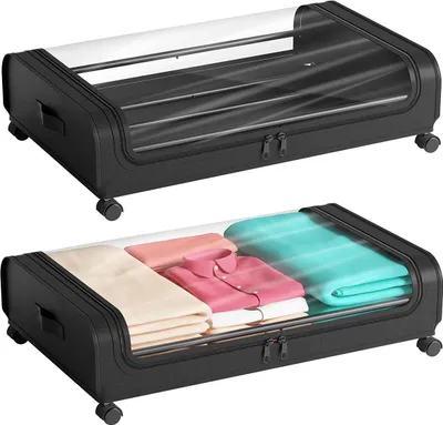 Produktbild von Unterbettkommode 48 L, Bettkasten mit Rollen, Klappbar, Transparent, Staubschutz, Kleidung