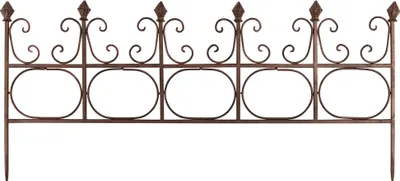 A metal garden border fence with decorative scrollwork and oval openings, presented against a white background.