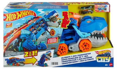 Produktbild von Hot Wheels City T-Rex Mega Transporter Spielset mit Rennstrecke
