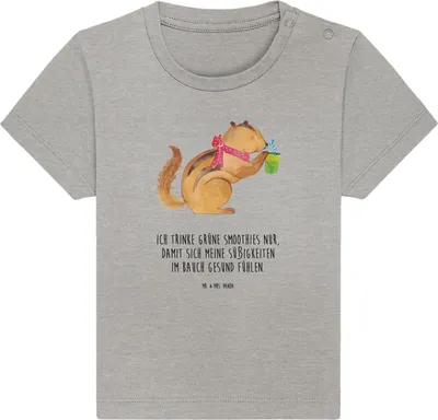 Produktbild von Mr. & Mrs. Panda T-Shirt Eichhörnchen Smoothie 12. - 18. Monat - Heather Grey - Geschenk, Kleinkind, Kinder Top, Lustige Sprüche, Streifenhörnchen, Baby Kurzarmshirt