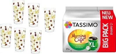 Produktbild von Tassimo Kapseln Morning Café Filter XL, 21er Big Pack 163.8 g plus 6 Gläser 350ml…