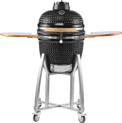 Obrázok produktu pre Udiareň a gril na drevené uhlie, 450 mm Kamado udiareň na drevené uhlie, pohyblivý keramický gril so 4 kolieskami (2 uzamykateľné), vstavaný teplomer, vetrací otvor a bočná polička na varenie na vonkajšej terase alebo dvore