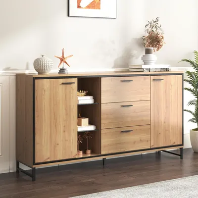 Image de MODFU Meubles de rangement pour vaisselles 160x40x85 cm - Buffet avec 3 tiroirs et 2 portes - Noir et Naturel