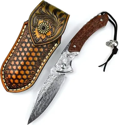Produktbild von Elden Damast Outdoor Klappmesser - Hochwertiges Damaszenerstahl-Messer mit Lederetui KP31677
