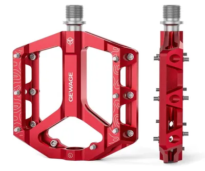 Image de Paire de pédales plates pour VTT et vélo de gravel, antidérapantes, en alliage d'aluminium, usinées CNC, axe de 9/16", couleur rouge