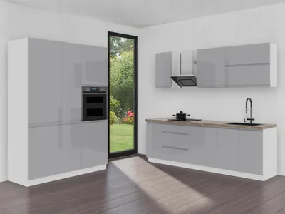 Produktbild von Küchenzeile – Küchenblock – Winkelküche – Komplettküche – Eckküche – Velmora – K65-G400 –240 x 160 cm– Grau Hochglanz Ohne Arbeitsplatte & Elektrogerä