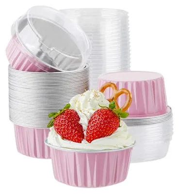 Zdjęcie produktu dla Omgoods - 100 sztuk aluminiowych pojemników do pieczenia z pokrywkami, idealnych do ciast i muffinek