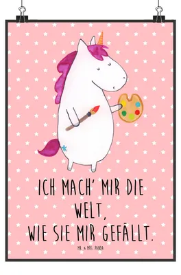 Produktbild von Mr. & Mrs. Panda Bild Einhorn Künstler DIN A2 - Rot Pastell - Geschenk, Plakat, Welt, drucke, Zeichnen, wanddeko, Einhörner, Wandbild, Kunstdruck, Pinsel, Unicorn