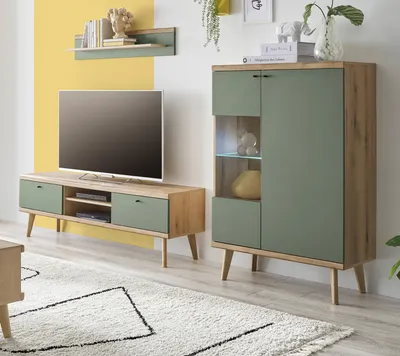 Produktbild von Wohnwand "Juna" in Salbei und Eiche Wohnkombination skandinavisch 3-teilig 260 cm