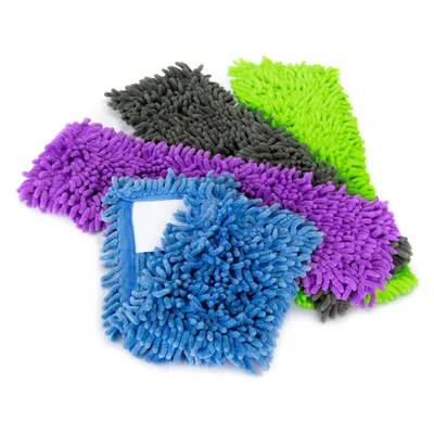 A pile of colorful microfiber mop heads.