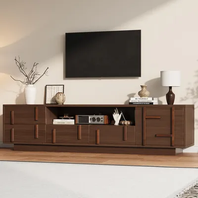 Produktbild von okwish TV-Lowboard mit 4 Schubladen,offenen Ablagen und Schrankfach, moderner TV-Schrank für Fernseher bis 75 Zoll, Nussbaum