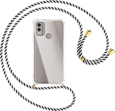 Produktbild von Handykette Backcover-Schutzhülle mit Band (Metall goldfarben) für Nokia C22 4G (6.5'') - schwarz/weiß gestreift