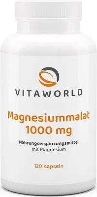 A white bottle of Vitaworld Magnesiummalat 1000 mg dietary supplement.