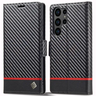 Obrázek produktu pro Pouzdro pro Samsung Galaxy S25 Ultra Karbónové kožené pouzdro s držákem karet, magnetem a stojánku černé Horizontální červené