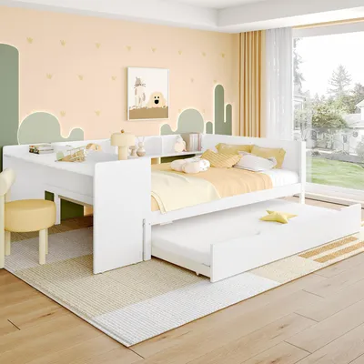 Immagine prodotto di Merax divano letto 140x200 cm, con letto estraibile, scrivania, vano portaoggetti, pino, letto per bambini, letto in legno, letto diurno, letto piano, letto per ragazzi, bianco