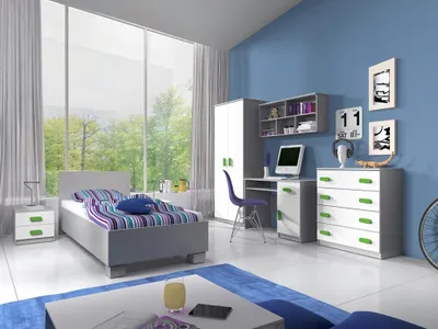 Produktbild von Kinderzimmer-Set Bett Schrank Wandregal Kommode Schreibtisch Nachttisch Grau/Weiß mit grünen Griffen ohne Matratze Jonas II 01