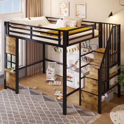 Produktbild von STILVORA Hochbett 140x200 cm mit Ablageleiter und Sicherheitsgeländer, Metallbett mit offenem Stauraum unter dem Bett, Kinderbett mit Fenstergestaltung