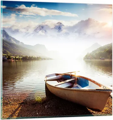 Produktbild von Bilder auf glas - Berge See Boot - 70x70cm - Glasbilder - Wandbilder - Kunstdruck - zum Aufhängen bereit - Wanddekoration aus Glas - Glas Bilder - Wandbild auf Glas - Einteilig - GAC70x70-3927