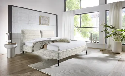 Produktbild von Meise Möbel Polsterbett Infinity 160x200 cm | Doppelbett | Bettgestell | Kopfteil in Kissenoptik | Webstoff Nebelgrau | Metallfuß schwarz