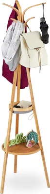 Image de Porte-manteau Relaxdays, porte-manteau moderne en bambou, 2 étagères, 6 crochets, motif arbre, 178 x 50 x 50 cm, couleur naturelle