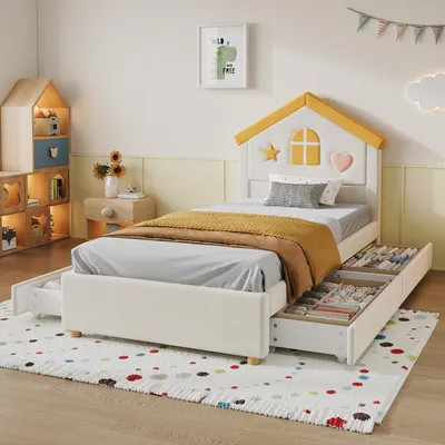 Obrázek produktu pro Dětská postel Flieks 90x200 cm se 4 zásuvkami, postel ve tvaru domku, jednolůžko s roštem, čalouněná postel, úložná postel s čelem ve tvaru domku, samet, béžová barva
