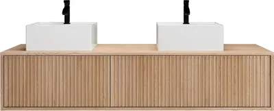 Produktbild von Hängender Badezimmerschrank mit Rillenmuster und Doppelwaschbecken – Hell natur – 150 cm – ARNEGA