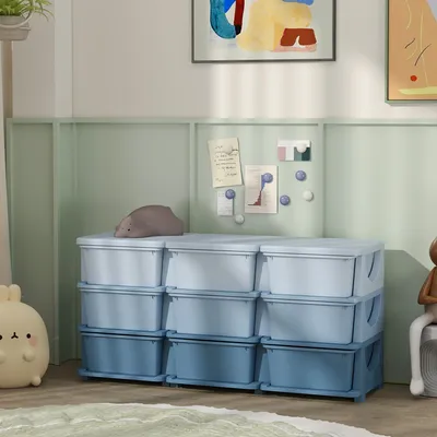 Produktbild von SUGIFT Kinderregal mit 9 Schubladen, Aufbewahrungsbox Kinder, Kunststoff-Schubladenregal, Blau | 113 x 37 x 56,5 cm | 9 Fächer | 12,6 kg