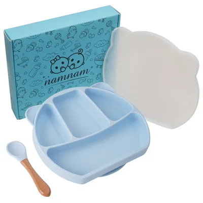 Produktbild von Baby Teller Kinderteller mit Saugnapf - Rutschfester & verschließbarer Esslernteller für Kleinkinder mit Deckel - BPA freies Silikon (blau)
