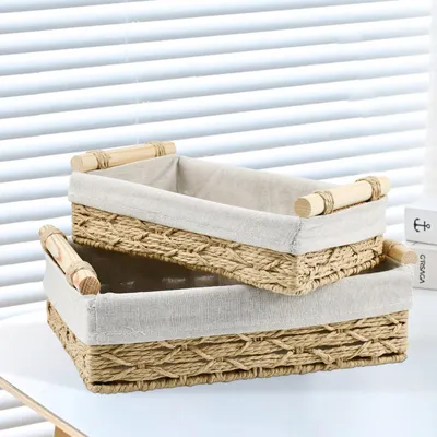 2er-Set geflochtene Aufbewahrungskörbe mit Griffen, Beige, 29,5 x 19 x 10 cm
