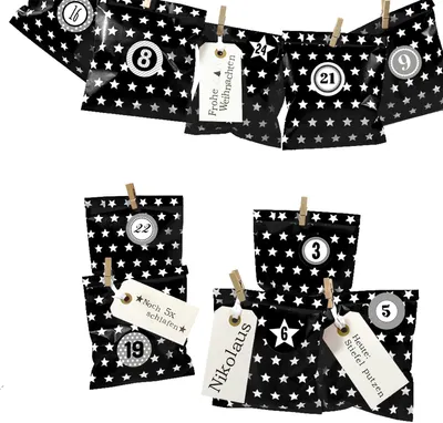 Produktbild von DIY Adventskalender zum Befüllen Bescherung, Papiertueten flach 13x16,5cm, schwarz Stern, Ziffern grau