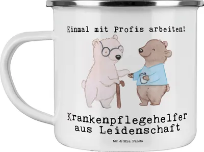 Produktbild von Mr. & Mrs. Panda Teebecher Krankenpflegehelfer Leidenschaft - Weiß - Geschenk, Witzig, Spruch, Emaille Tasse, Ausbildung, Blechtasse, Beruf, Pflegekraft, Pott, Teetasse